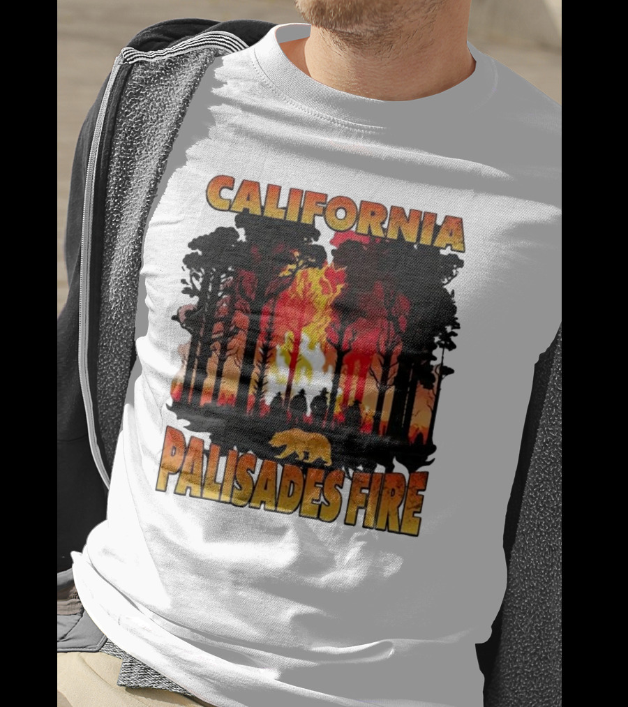 California Palisades Fire 2025 Forest Silhouette And Flames With Bear T-Shirt