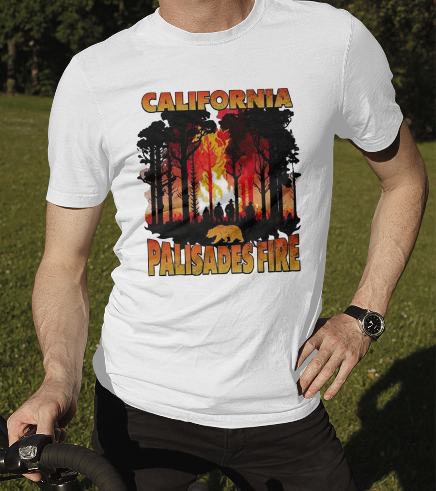 California Palisades Fire 2025 Forest Silhouette And Flames With Bear T-Shirt
