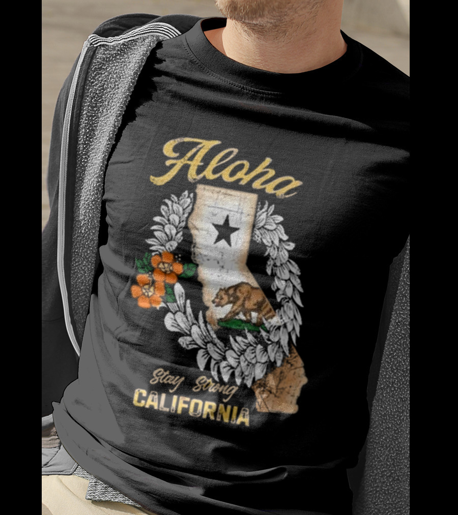Aloha Stay Strong California Bear Star Map And Flower Garland T-Shirt