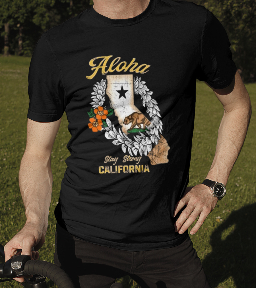 Aloha Stay Strong California Bear Star Map And Flower Garland T-Shirt