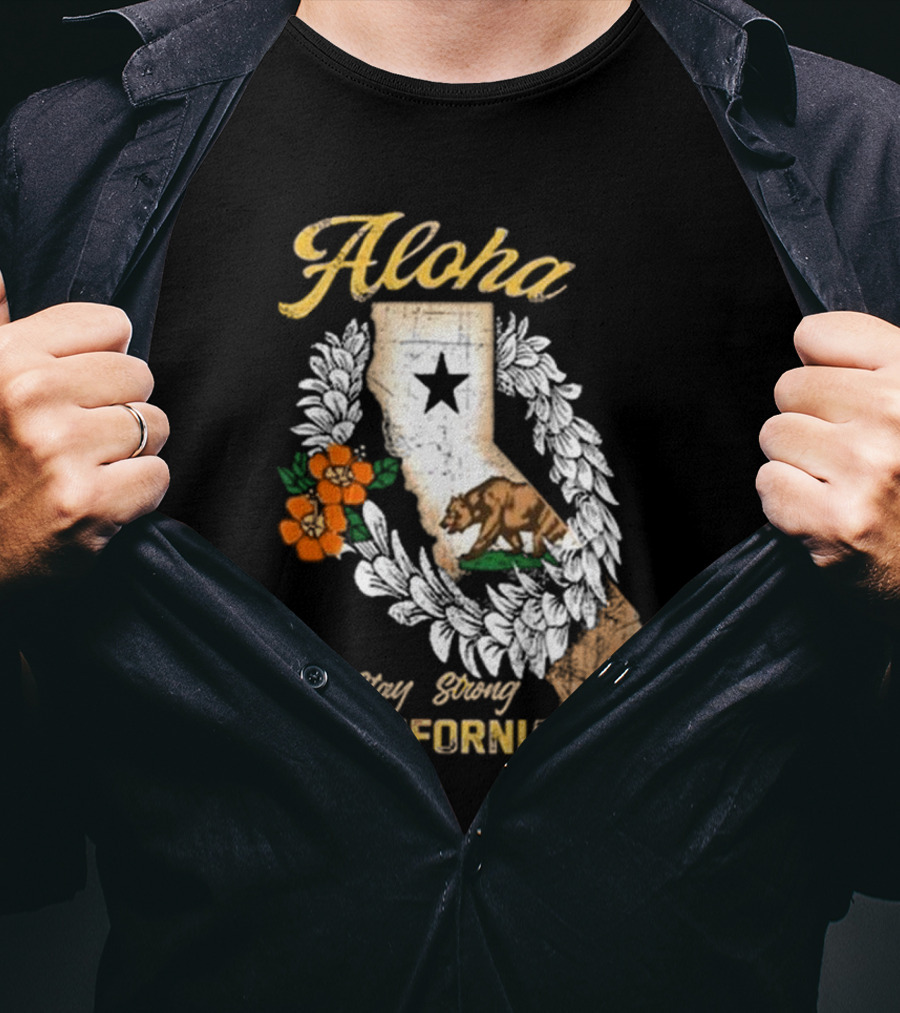 Aloha Stay Strong California Bear Star Map And Flower Garland T-Shirt