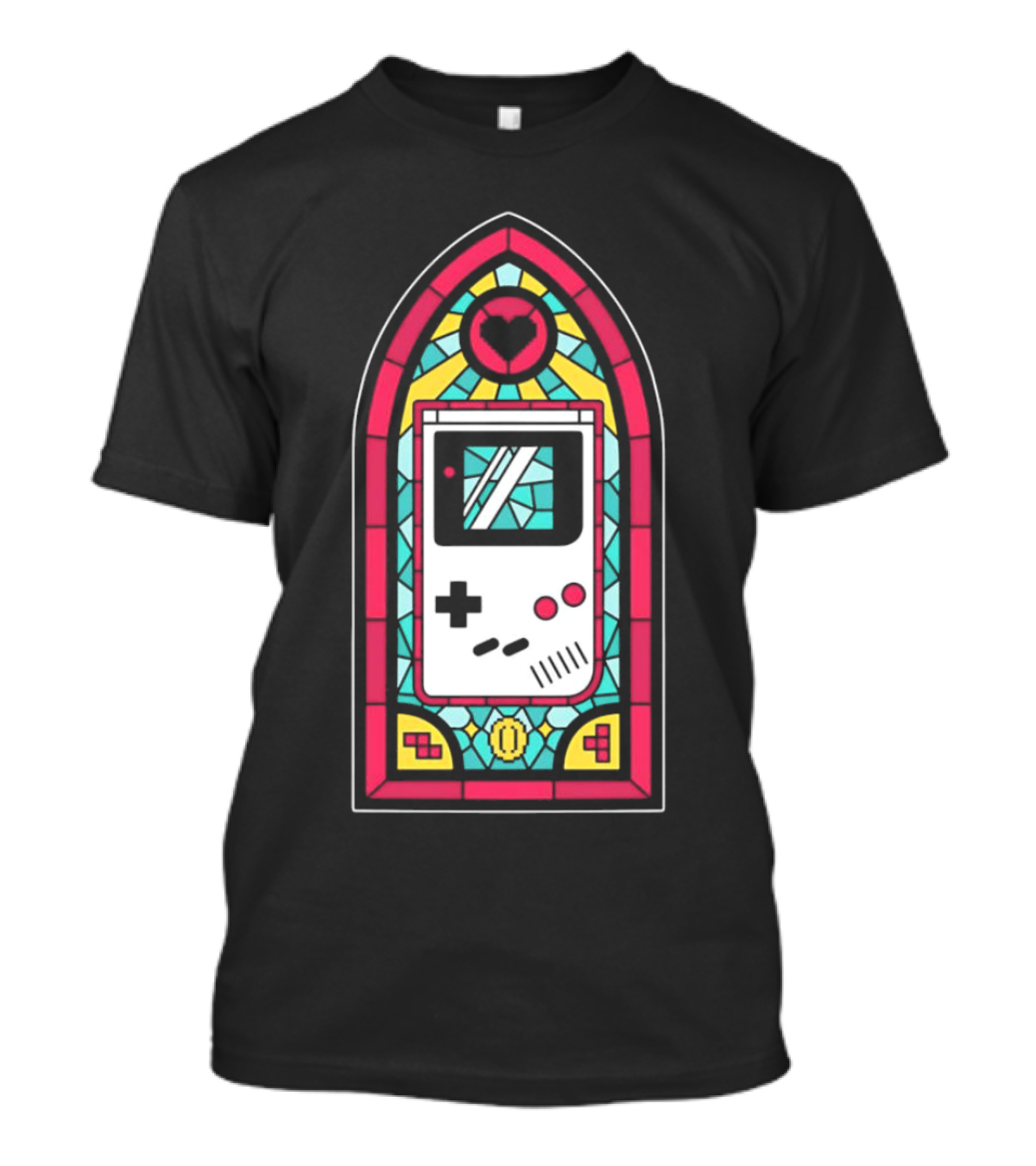 Game Boy 8-Bit Stained Glass Heart Coin Pixel Art Window T-Shirt