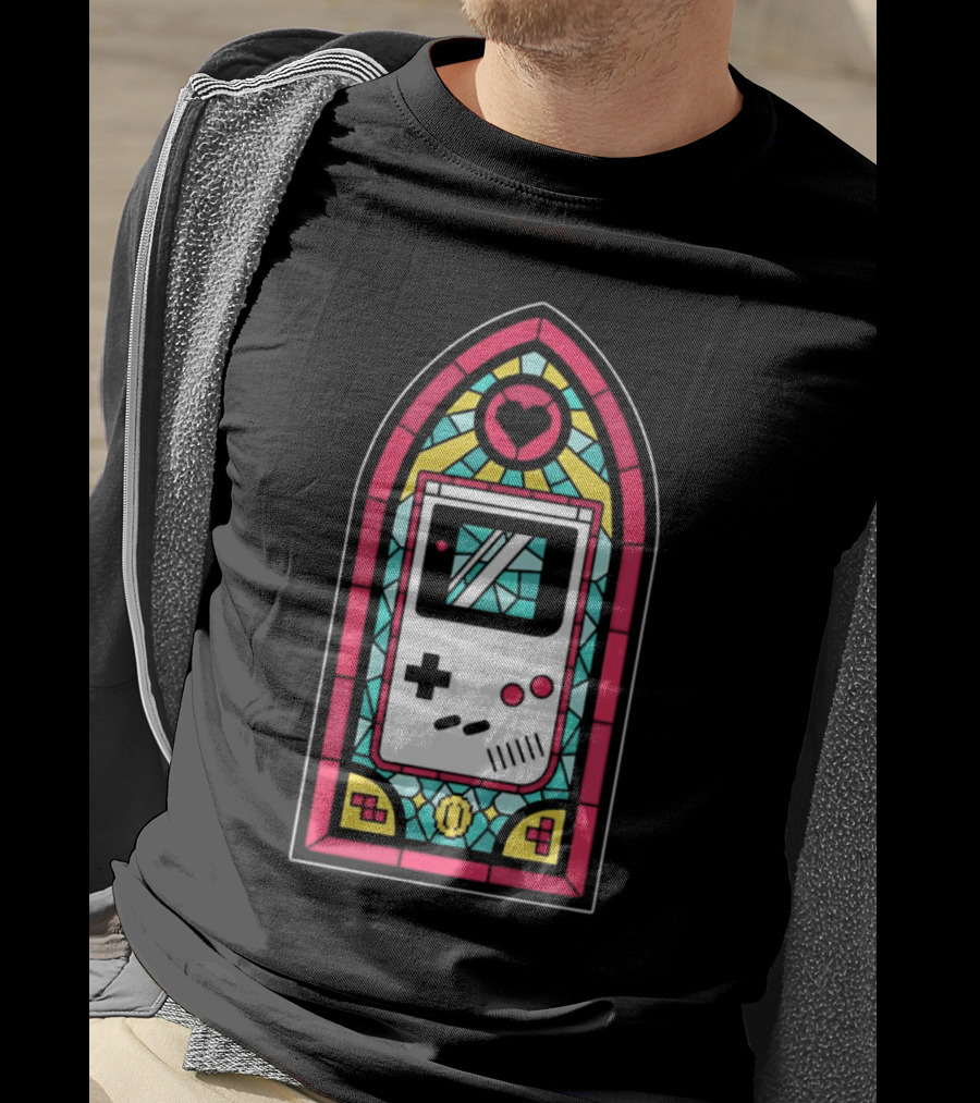 Game Boy 8-Bit Stained Glass Heart Coin Pixel Art Window T-Shirt