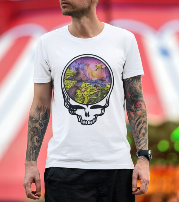Premium T-Shirt: Grateful Dead Skull with Psychedelic Landscape and Mushrooms T-Shirt Grateful Dead Skull with Psychedelic Landscape and Mushrooms T-Shirt
