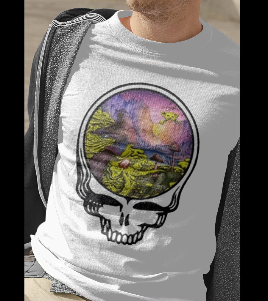 Grateful Dead Skull With Psychedelic Landscape And Mushrooms T-Shirt