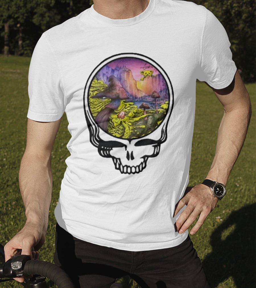 Grateful Dead Skull With Psychedelic Landscape And Mushrooms T-Shirt