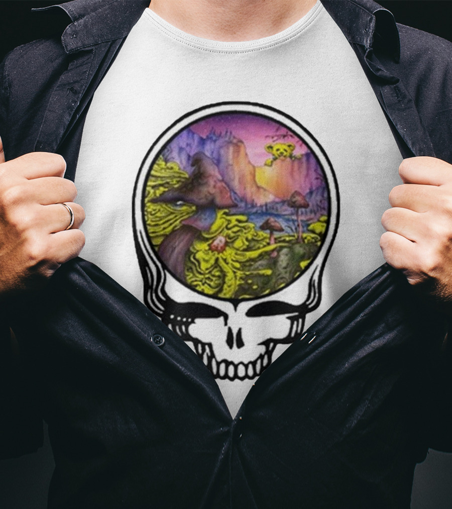 Grateful Dead Skull With Psychedelic Landscape And Mushrooms T-Shirt