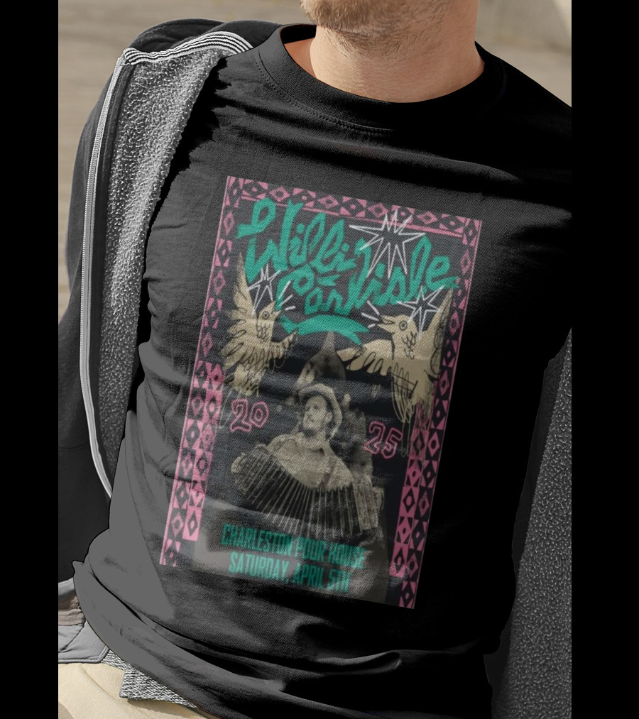 Willi Carlisle Charleston Pour House April 5th 2025 Accordion Performance With Stars And Birds T-Shirt