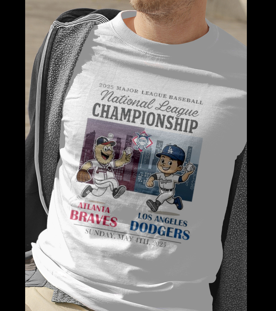 Atlanta Braves Los Angeles Dodgers National League 2025 Major League Baseball Skyline Cartoon Characters T-Shirt