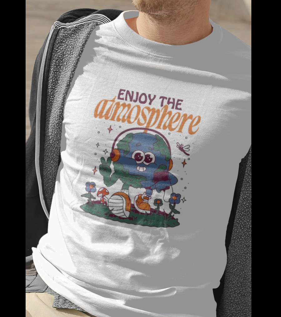 Enjoy The Atmosphere Planet Earth Headphones Peace Flowers T-Shirt