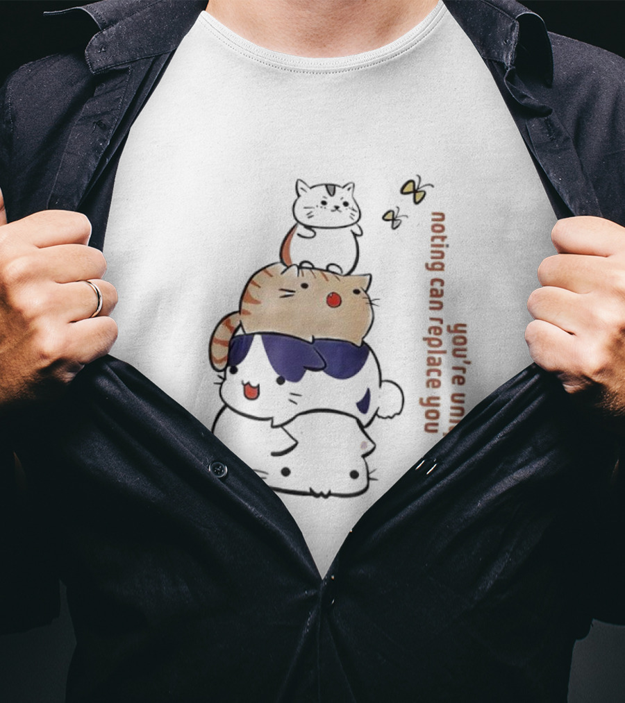 You’re Unique Nothing Can Replace You Kawaii Cat Stack Illustration T-Shirt