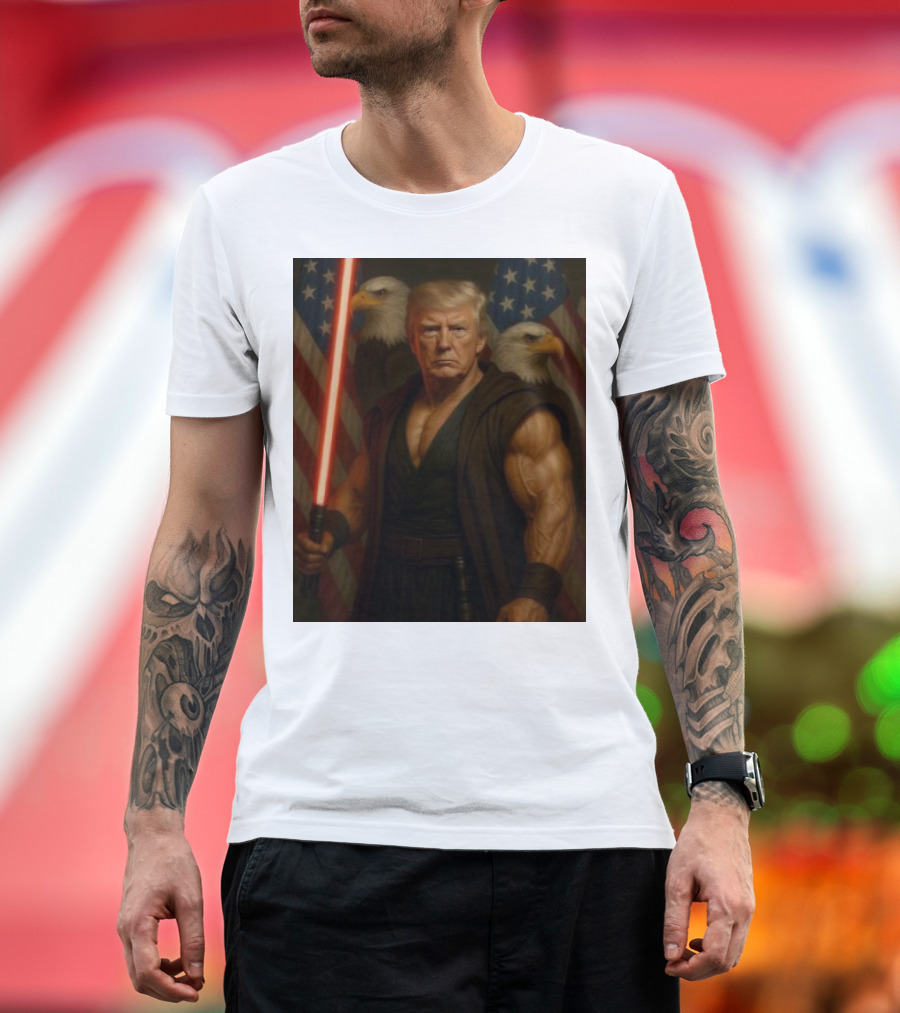 Trump Jedi Warrior with Lightsaber and Eagles in Front of American Flags T-Shirt