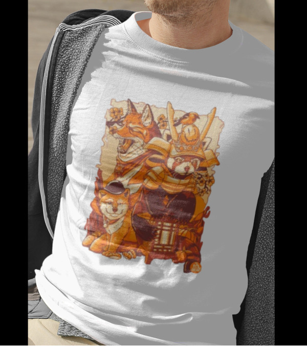 Tenhun Orange Fuzz Fox And Samurai Red Panda With Lantern T-Shirt