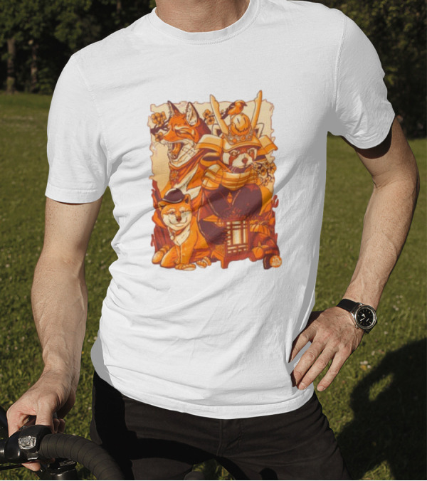 Tenhun Orange Fuzz Fox And Samurai Red Panda With Lantern T-Shirt