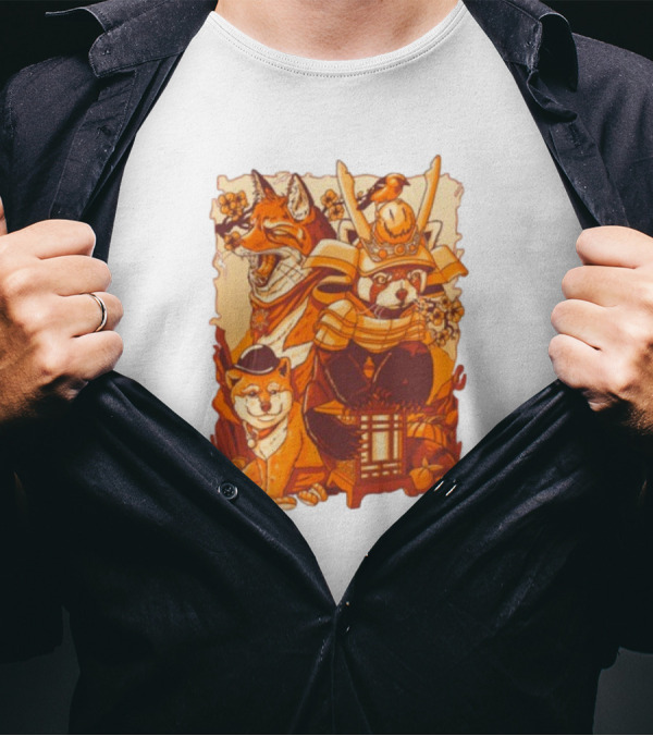 Tenhun Orange Fuzz Fox And Samurai Red Panda With Lantern T-Shirt