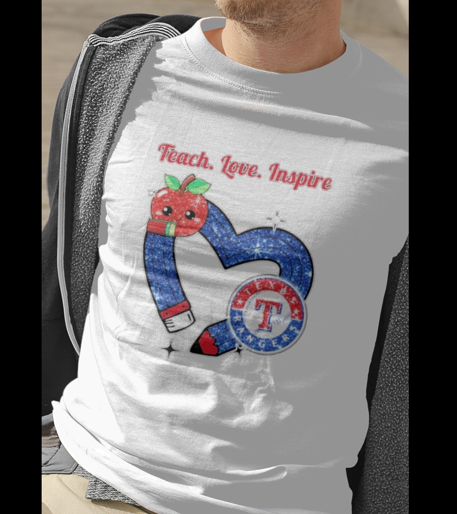 Texas Rangers Sparkling Heart Apple Pencil Teach Love Inspire T-Shirt
