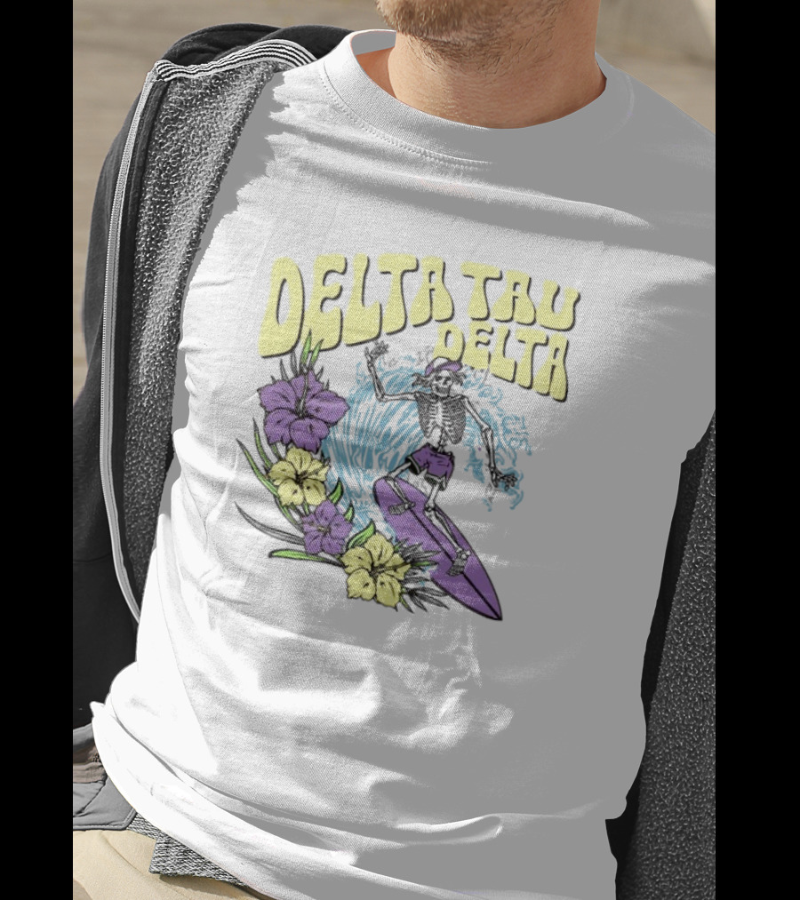 Delta Tau Delta Ride The Wave Skeleton Surfing With Floral Accents T-Shirt