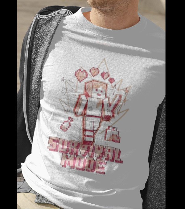Survival Mode Game Pixel Art Character With Hearts And Tools T-Shirt