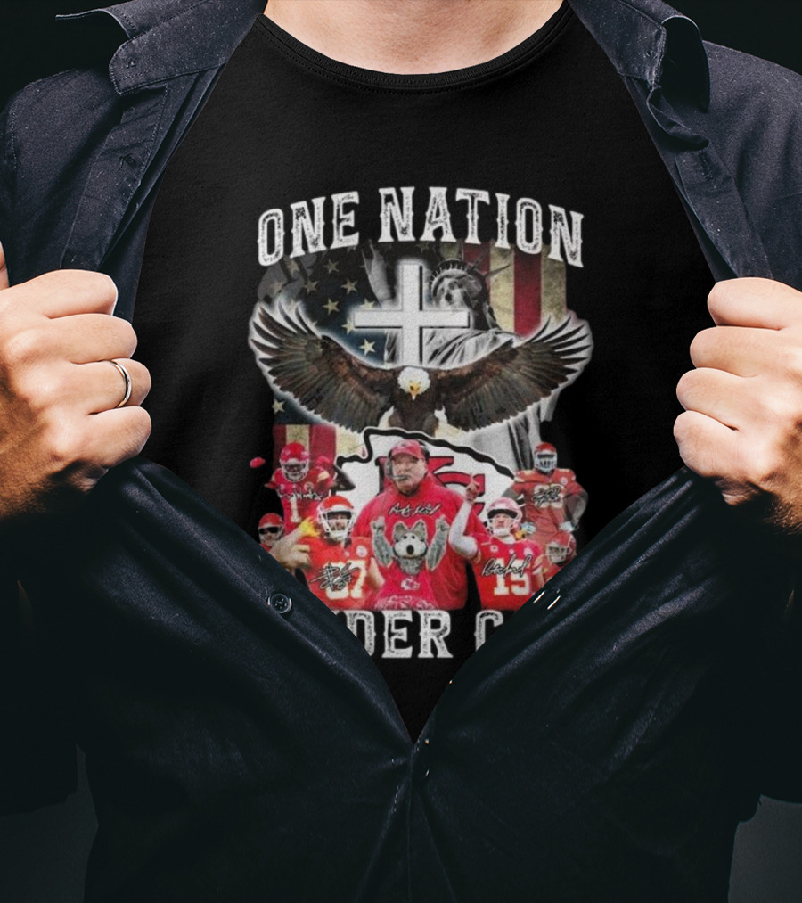 Kansas City Chiefs One Nation Under God 2025 Signatures Statue Of Liberty And Eagle T-Shirt