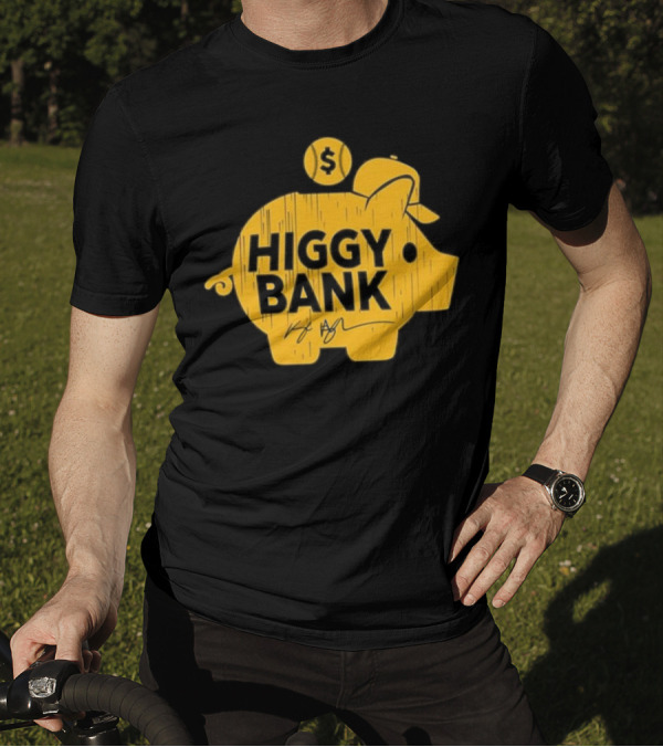 Higgy Bank Piggy Bank Graphic Baseball Theme With Signature And Dollar Sign T-Shirt