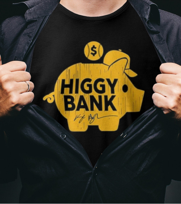 Higgy Bank Piggy Bank Graphic Baseball Theme With Signature And Dollar Sign T-Shirt