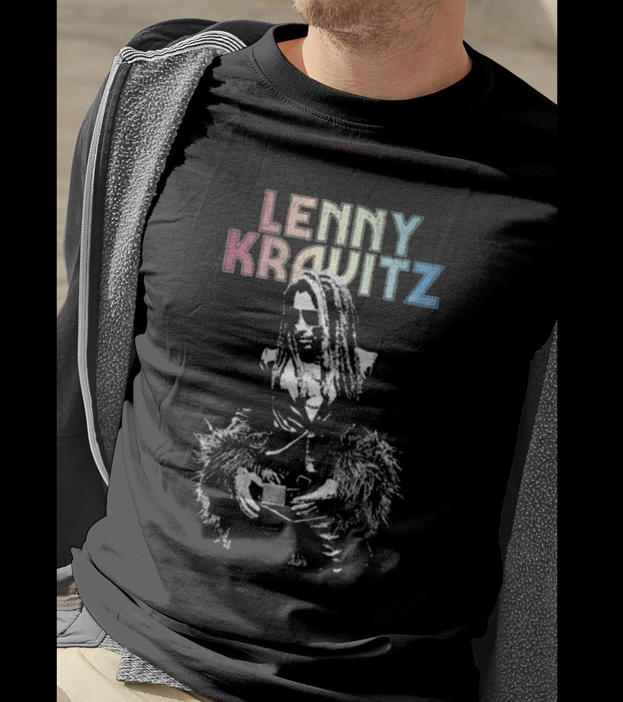 Lenny Kravitz Monochrome Portrait With Rainbow Letters T-Shirt