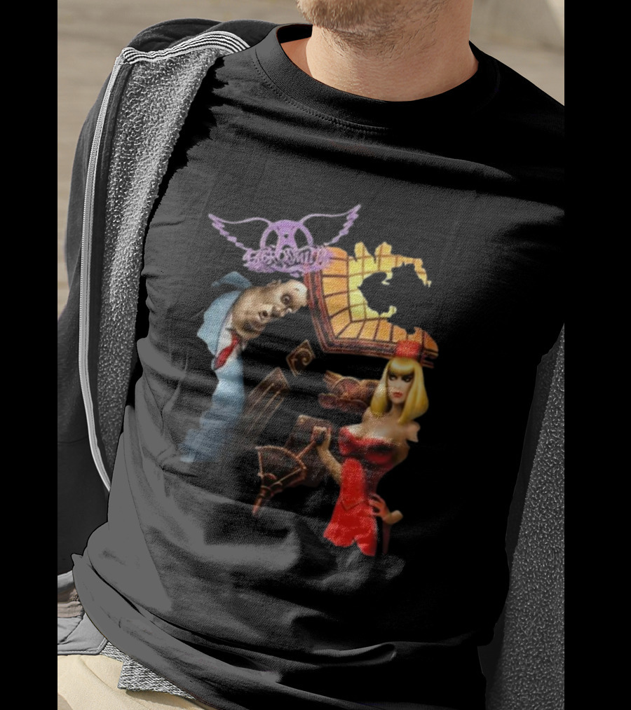 Aerosmith Love In An Elevator Cartoon Artwork With Woman In Red Dress And Man In Suit T-Shirt