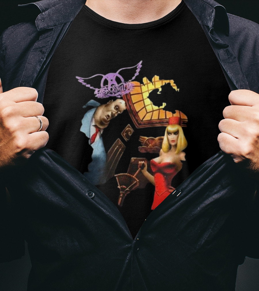 Aerosmith Love In An Elevator Cartoon Artwork With Woman In Red Dress And Man In Suit T-Shirt