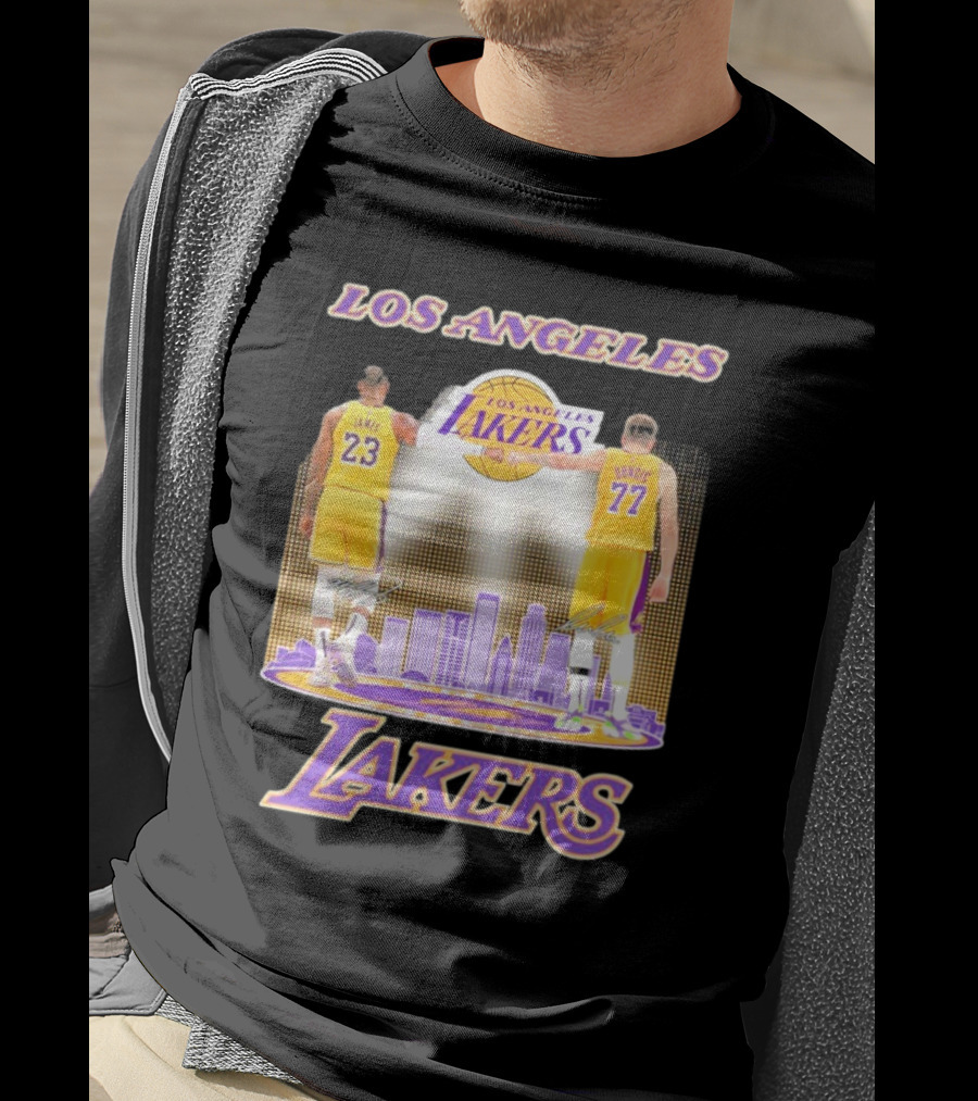 Los Angeles Lakers Luka Doncic Lebron James 23 77 City Skyline T-Shirt