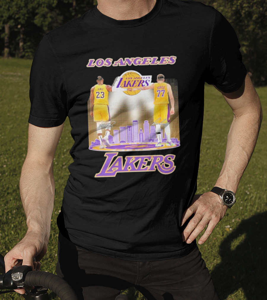Los Angeles Lakers Luka Doncic Lebron James 23 77 City Skyline T-Shirt