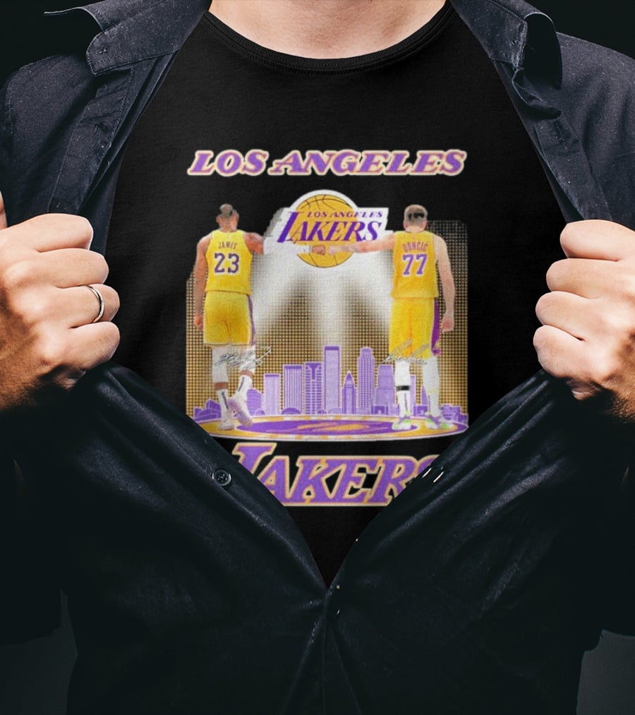 Los Angeles Lakers Luka Doncic Lebron James 23 77 City Skyline T-Shirt