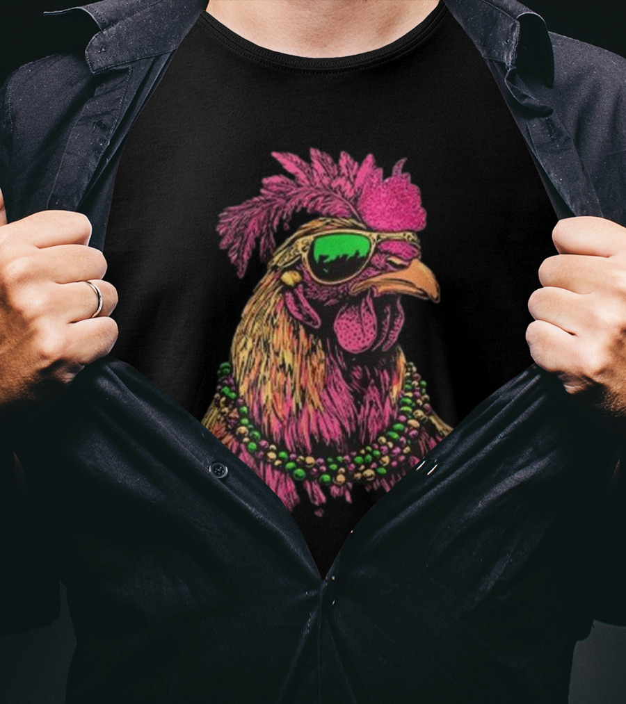 Mardi Gras Chicken Beads And Sunglasses Vibrant Rooster T-Shirt
