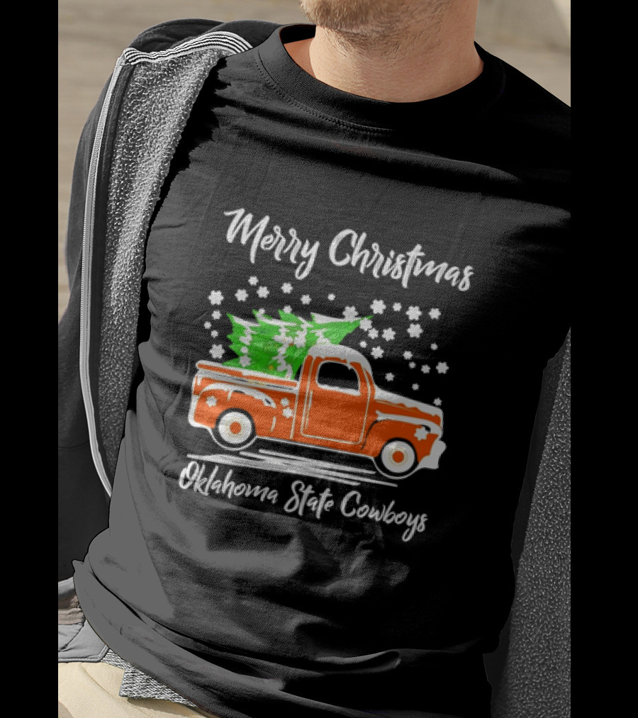 Merry Christmas Oklahoma State Cowboys Orange Truck Snowflakes Green Trees T-Shirt