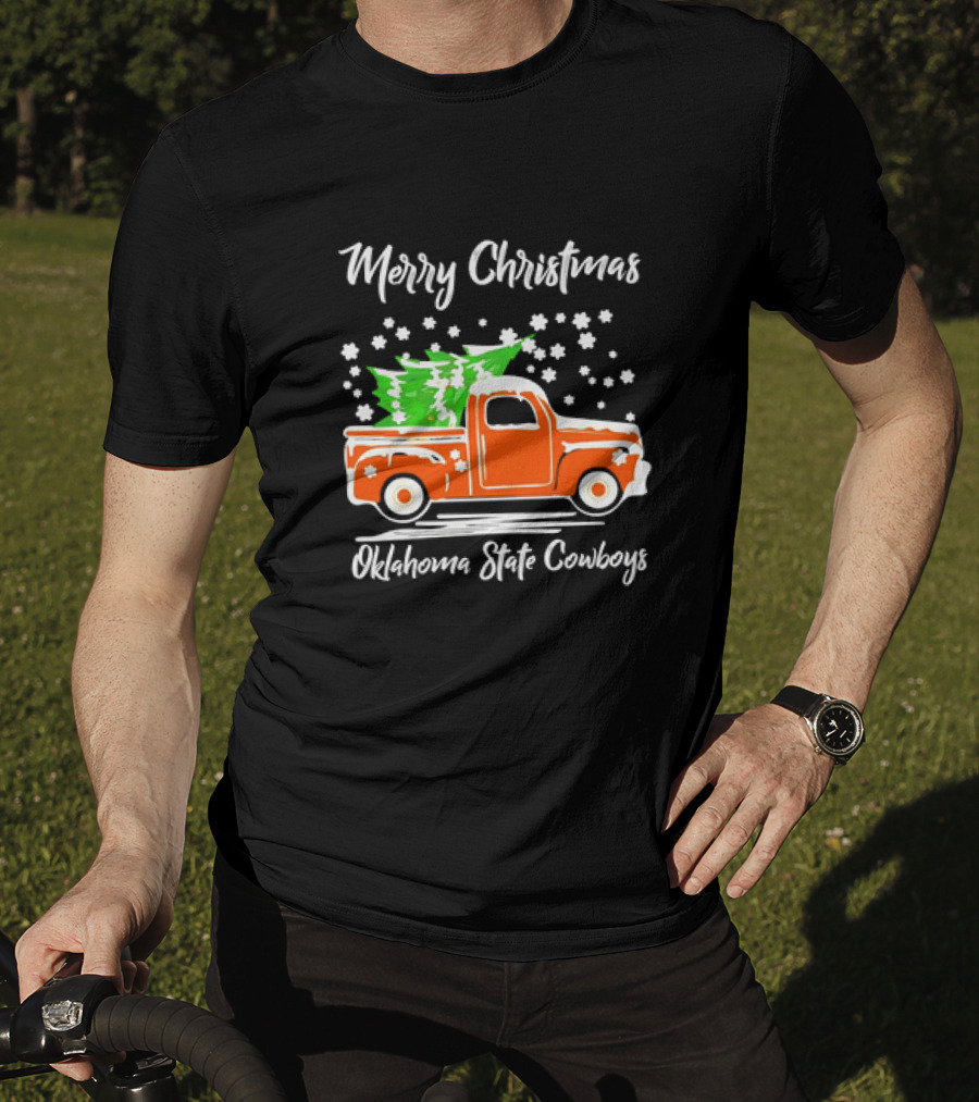 Merry Christmas Oklahoma State Cowboys Orange Truck Snowflakes Green Trees T-Shirt