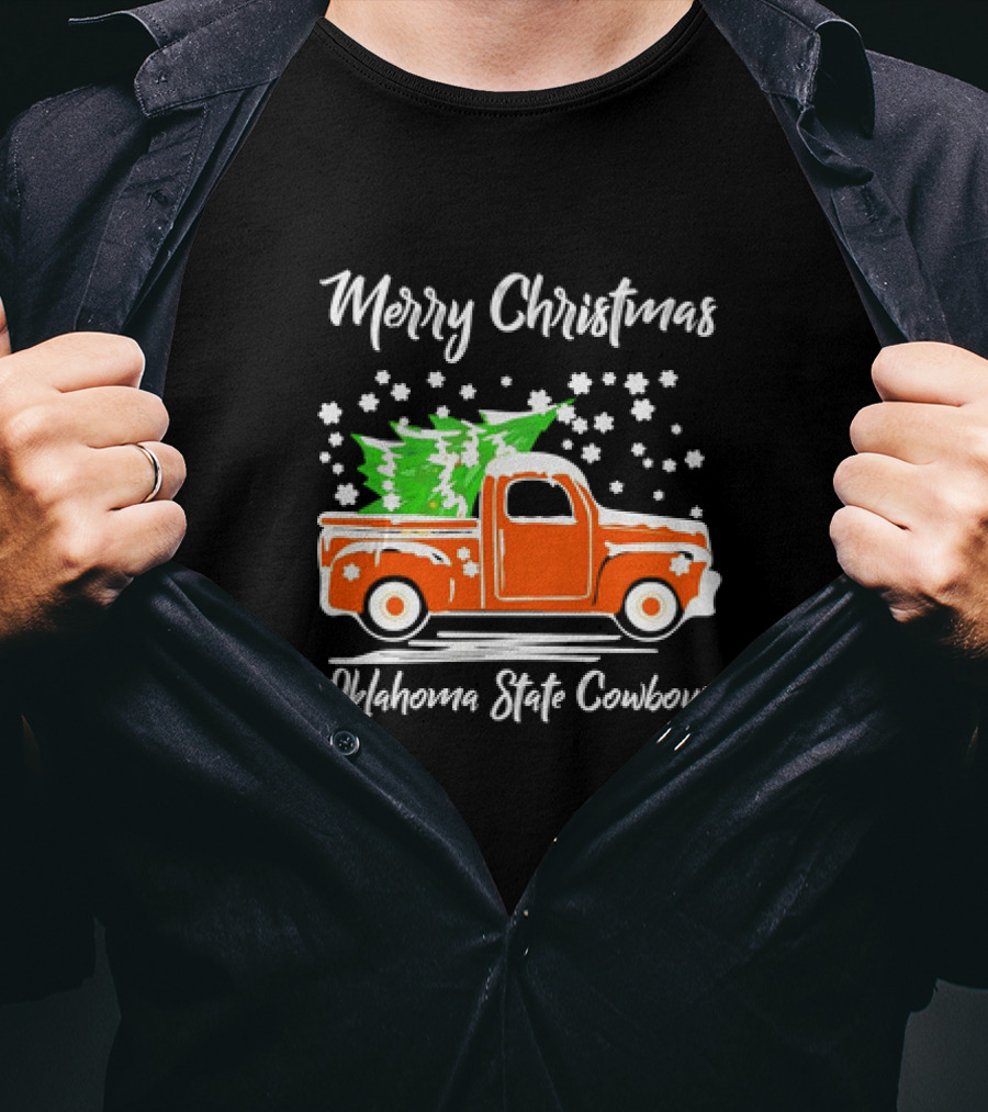 Merry Christmas Oklahoma State Cowboys Orange Truck Snowflakes Green Trees T-Shirt