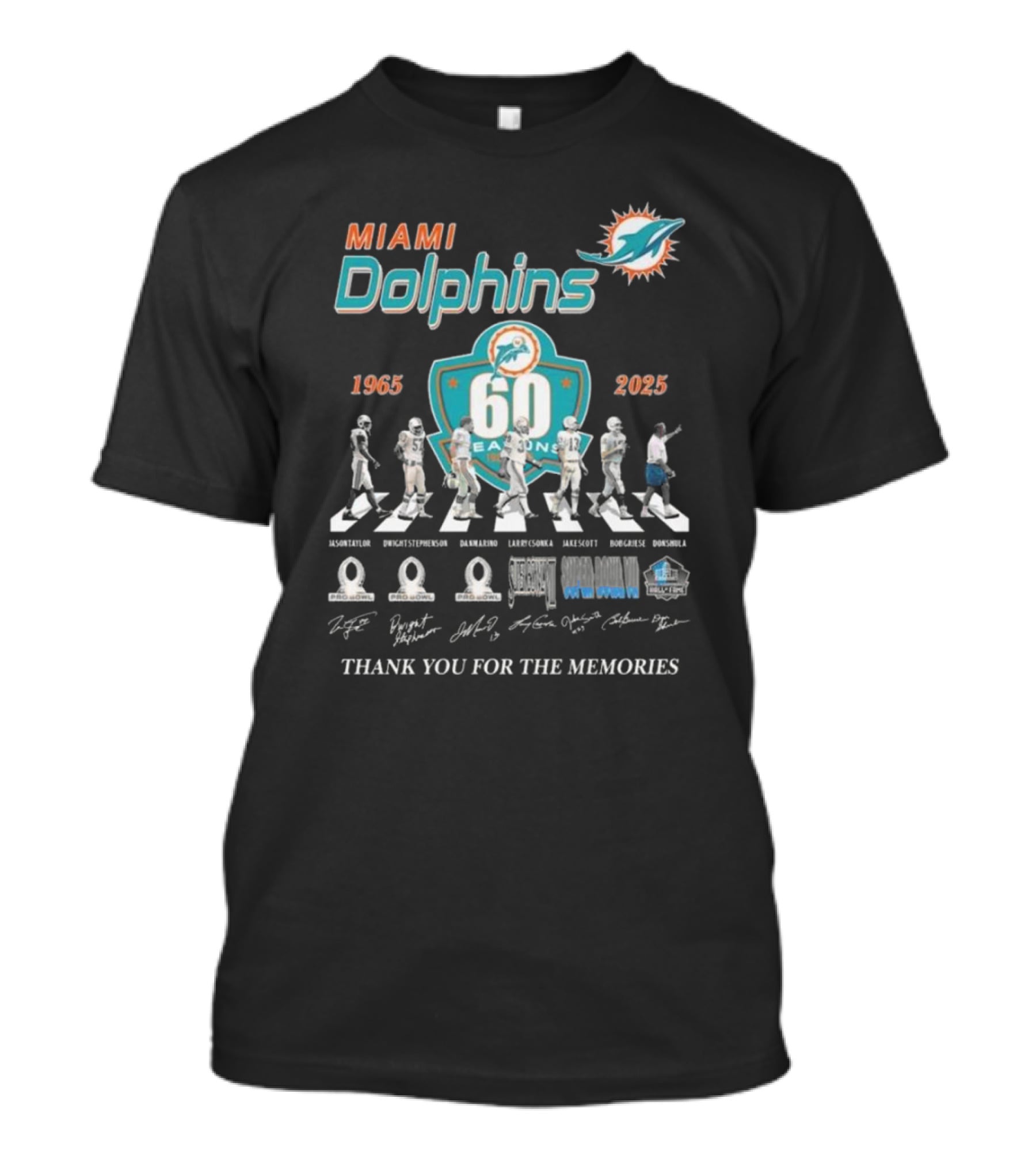 Miami Dolphins 60 Seasons 1965-2025 Thank You For The Memories Signatures T-Shirt