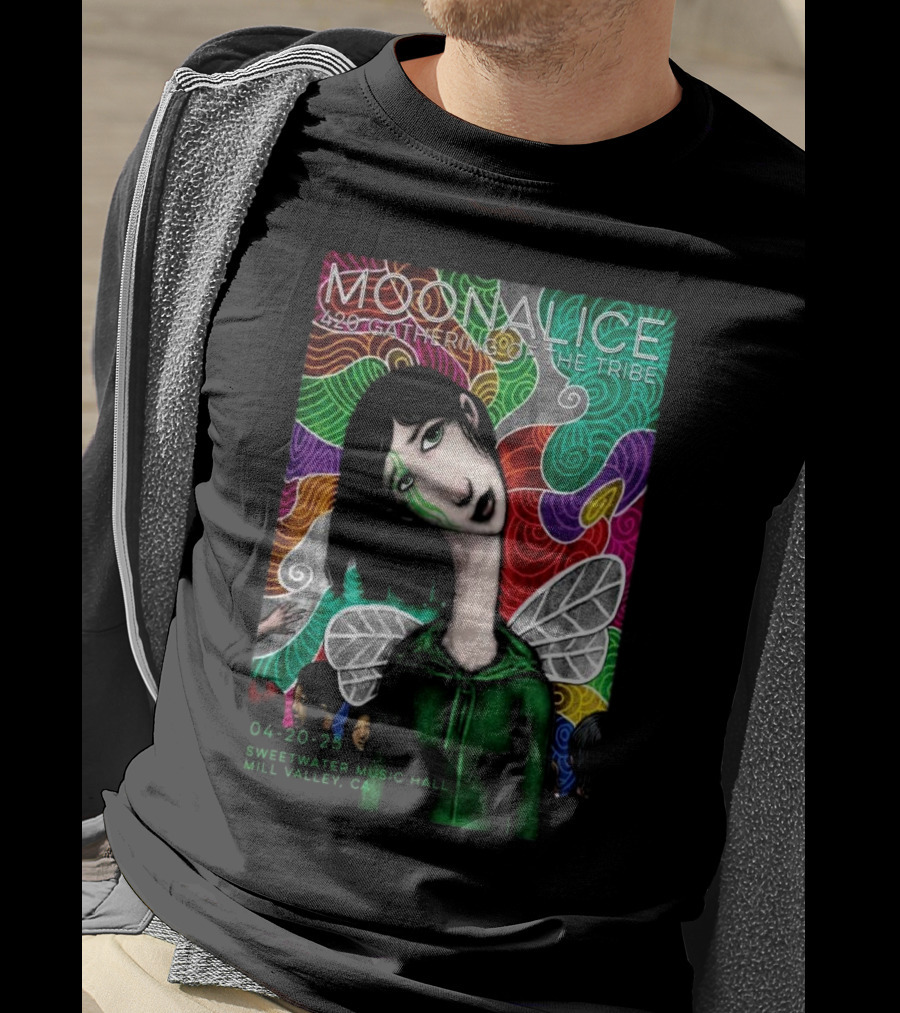 MOONALICE 420 Gathering Of The Tribe 04-20-2025 Sweetwater Music Hall Mill Valley CA Colorful Psychedelic Art With Winged Character T-Shirt