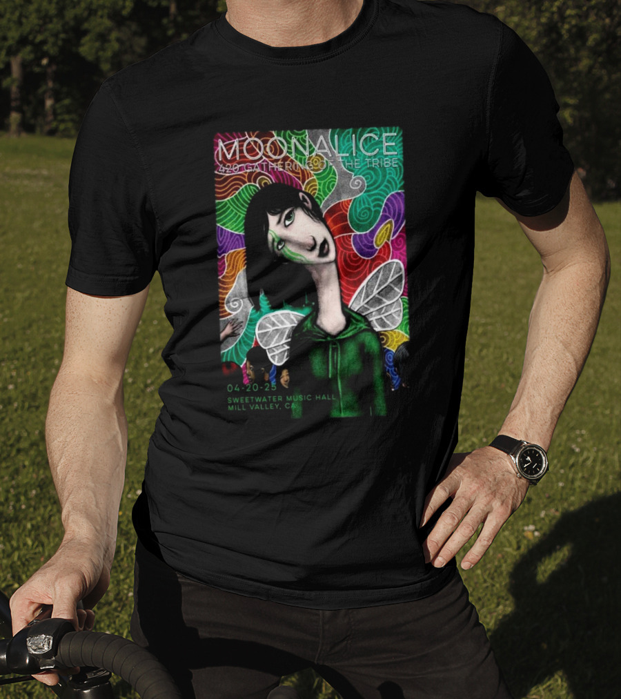 MOONALICE 420 Gathering Of The Tribe 04-20-2025 Sweetwater Music Hall Mill Valley CA Colorful Psychedelic Art With Winged Character T-Shirt