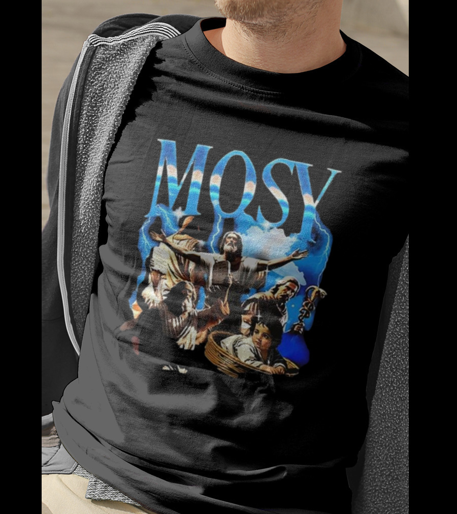 Mosy Moses Biblical Imagery With Lightning Clouds And Figures T-Shirt