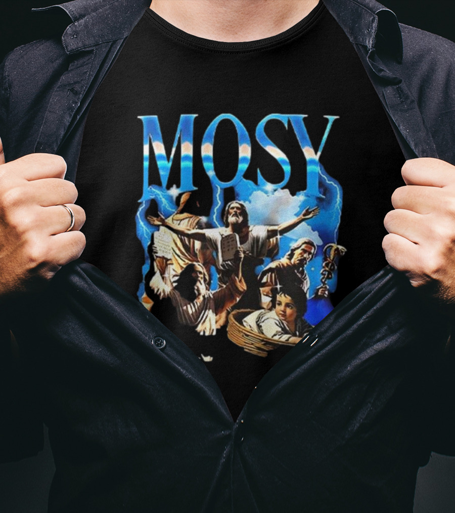 Mosy Moses Biblical Imagery With Lightning Clouds And Figures T-Shirt