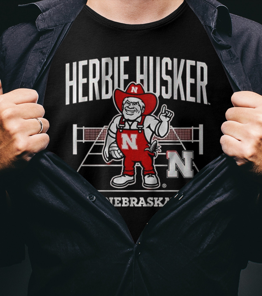 Herbie Husker Nebraska Volleyball Mascot With Court And Net T-Shirt