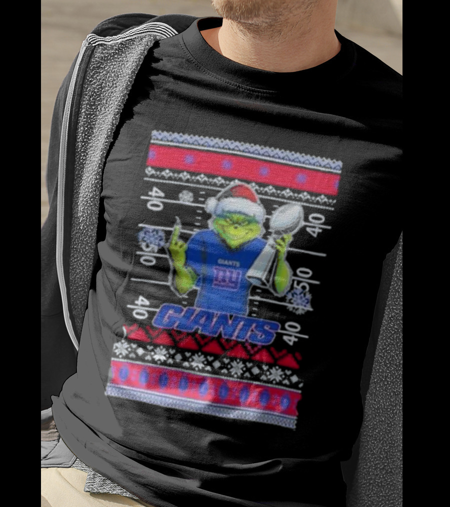 New York Giants Grinch Christmas With Lombardi Trophy Ugly Sweater T-Shirt