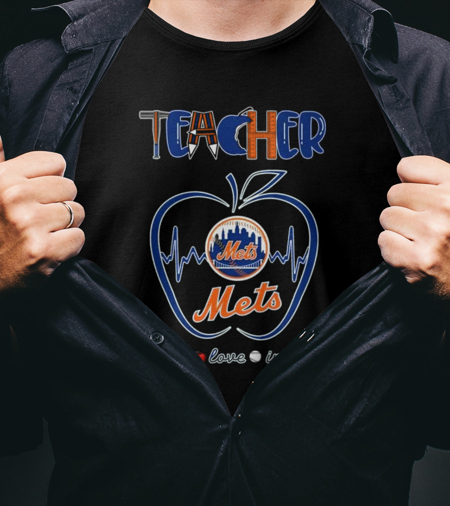 New York Mets Teacher Heartbeat Apple Teach Love Inspire 2025 T-Shirt