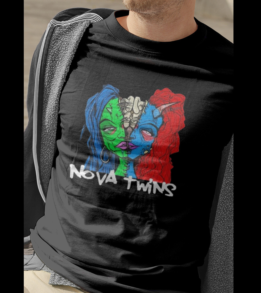 Nova Twins Monster Head Blue Green Red Hair Two-Faced Artwork T-Shirt