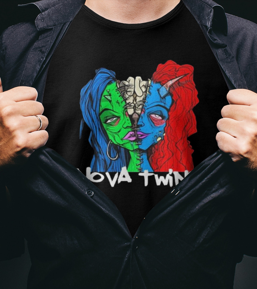 Nova Twins Monster Head Blue Green Red Hair Two-Faced Artwork T-Shirt