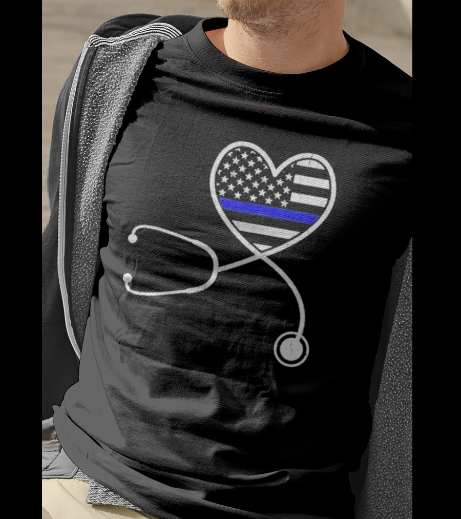 Nurse Life Police Wife American Flag Heart Stethoscope Blue Line T-Shirt