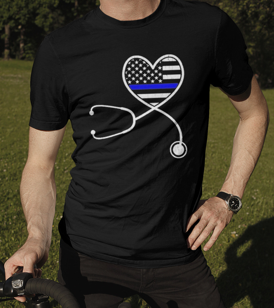 Nurse Life Police Wife American Flag Heart Stethoscope Blue Line T-Shirt