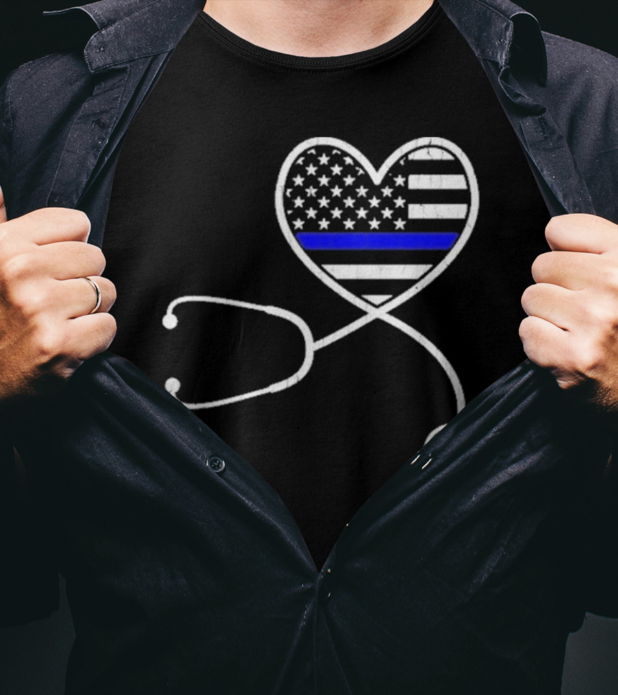 Nurse Life Police Wife American Flag Heart Stethoscope Blue Line T-Shirt