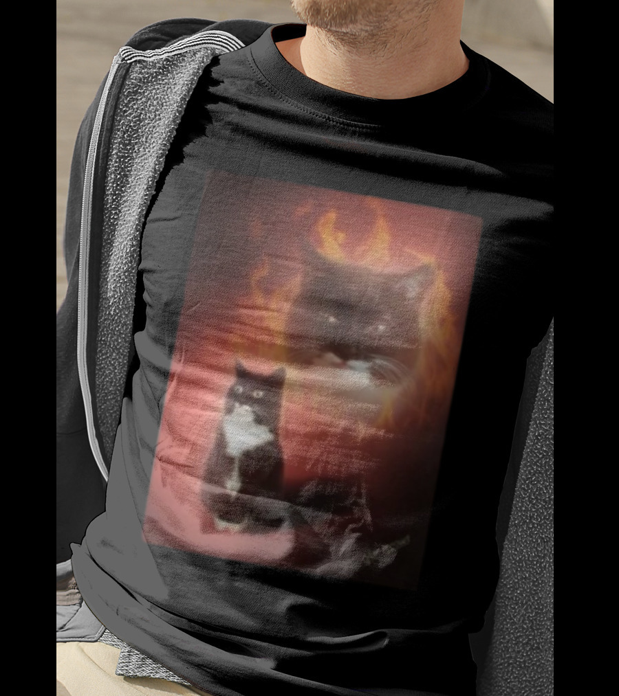Olan Meows Black And White Cat Flames Retro Theme T-Shirt