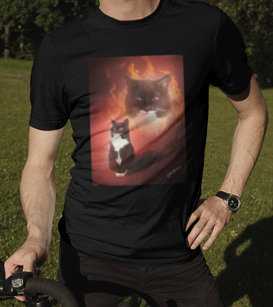Olan Meows Black And White Cat Flames Retro Theme T-Shirt